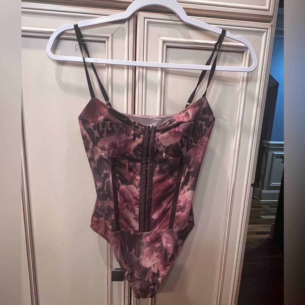 Free People Intimately Pink, Burgubdy, Brown Floral Stretchy Bodysuit size small